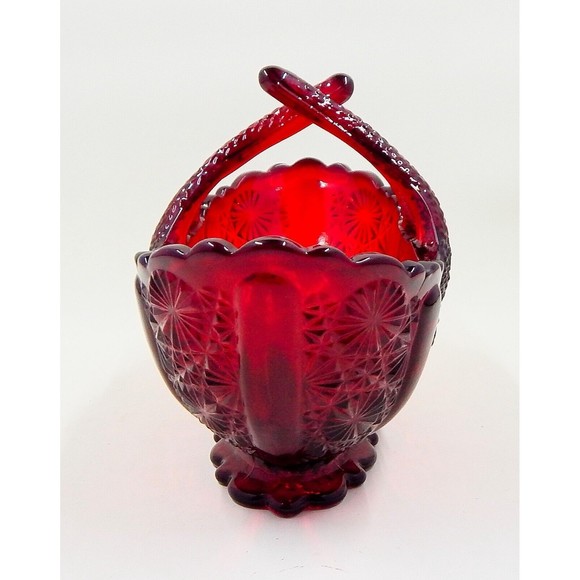 Fenton Glass Ruby Red Daisy and Button Twig Handled Oval Basket Original Sticker - Picture 4 of 11